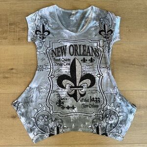 New Orleans‎ Mardi Gras Sparkling Fleur-de-lis Gray TShirt Women 32”Bust Bling